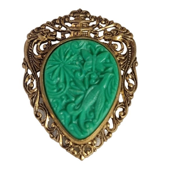 Gold Tone Asian Style Dragon Open Molded Plastic Inlay Brooch Pendant E03